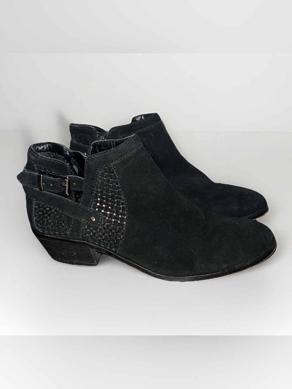 Vince Camuto Black Suede Woven Cutout Ankle Booties
